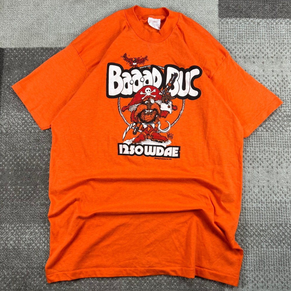 Vintage 1979 Baaad Buc Tampa Bay Buccaneers Rowdie Mascot T-Shirt Orange Mens XL